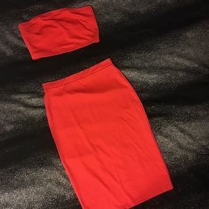 Red strapless 2 piece skirt set